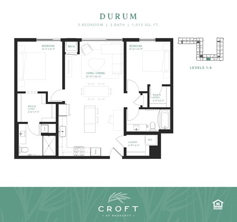 Floor plan for 2 beds, 2 baths, 1015 sqft